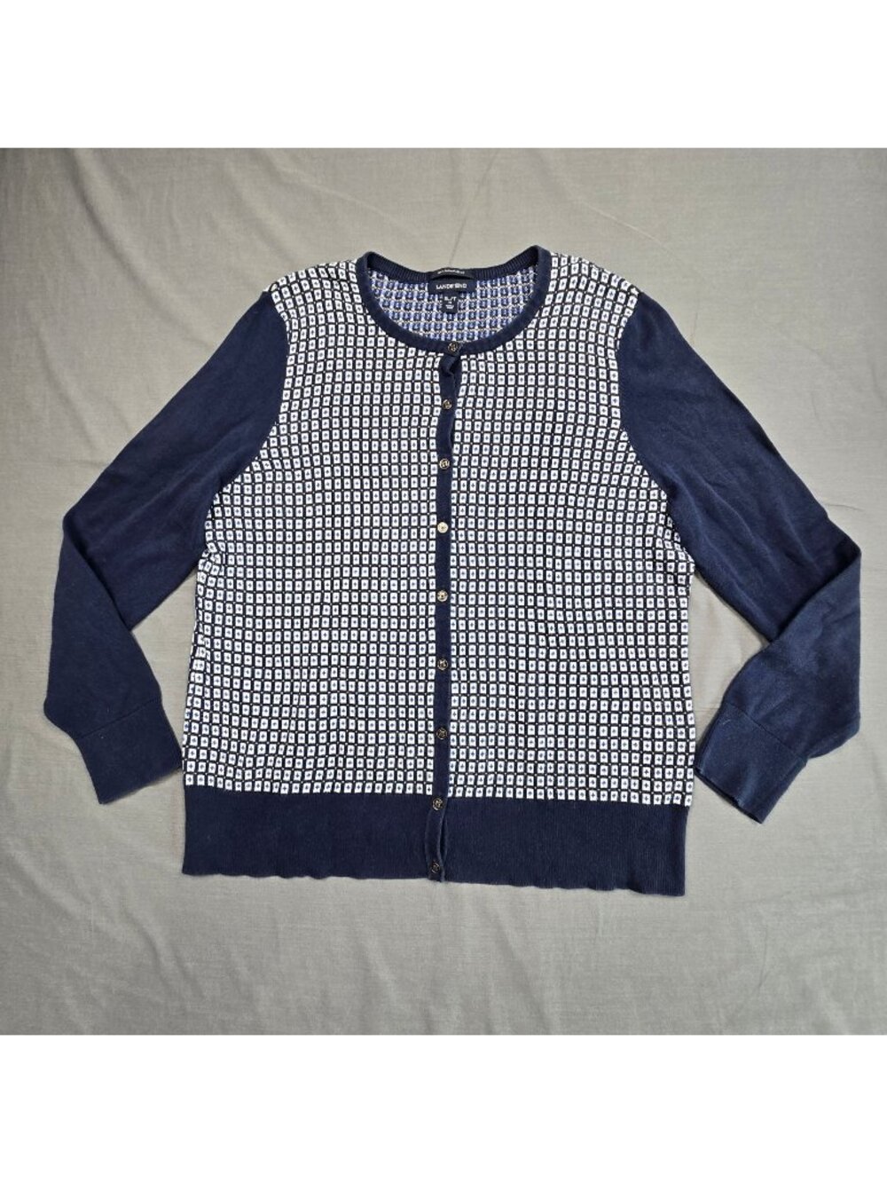 Lands End XLT Button Cardigan Sweater Navy & White 100% Supima Cotton